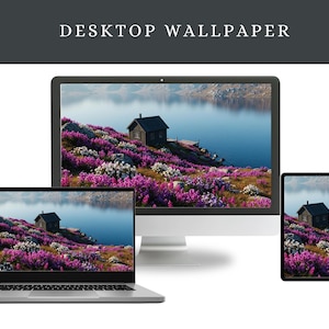 Fond d'écran « Chalet pittoresque au bord du lac » – Art de la nature, fleurs colorées et eau calme, esthétique de bureau confortable (téléchargement instantané)