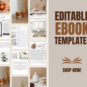 Puede incluir: Un collage de imágenes que muestran plantillas de libros electrónicos editables. Las imágenes presentan varios elementos de diseño, que incluyen una tabla de contenido, un encabezado de capítulo y una sección sobre el autor. El texto "PLANTILLAS DE LIBROS ELECTRÓNICOS EDITABLES" se muestra en texto marrón y negro. El texto "¡COMPRAR AHORA!" se muestra en texto marrón.