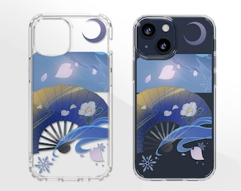 May include: A clear phone case with a blue and gold fan design, a crescent moon, and white flowers. The case is designed for a smartphone with a camera bump.