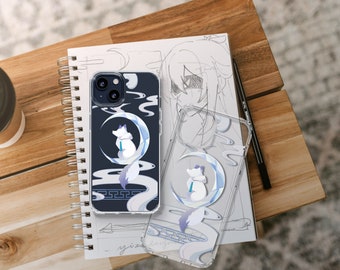 May include: Two phone cases with a white fox sitting on a crescent moon design. The case on the left is black with a white design. The case on the right is clear with a white design. Both cases have a blue and white cloud pattern.