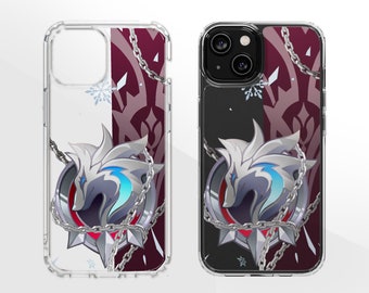 Puede incluir: Una funda transparente para teléfono con un diseño de lobo. El lobo es plateado con detalles azules y está rodeado de cadenas. El fondo es de color rojo oscuro con un patrón de cadenas y copos de nieve.