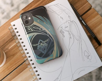 May include: A phone case with a blue, green, and gold abstract design. The case has a camera cutout and a raised lip around the edges.