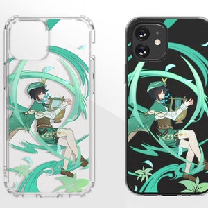 May include: A clear and black phone case with a green and white design featuring an anime character playing a harp. The character is surrounded by swirling green lines and white flowers.