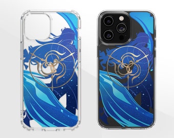 May include: Two clear phone cases with a blue and gold design. The design features a swirling pattern of blue and white with a gold symbol in the center. The cases are for a phone with a triple camera lens.