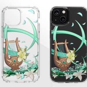 May include: A clear phone case with a design of a harp, flowers, and swirling green lines. The case has a black background with a white harp and flowers.
