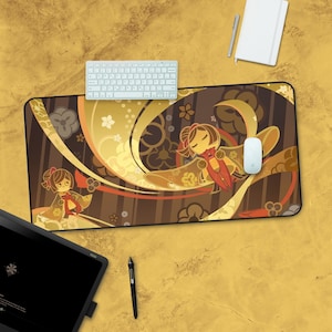 May include: A brown and gold mousepad with a swirling pattern and two cartoon figures in traditional Japanese clothing. The figures are wearing red and gold clothing and have black hair. The mousepad is decorated with small white flowers and a white mouse.