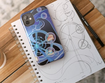 May include: A blue and black phone case with a graphic of a Ferris wheel, clouds, and bubbles. The case has a blue and white design with a 3D effect.