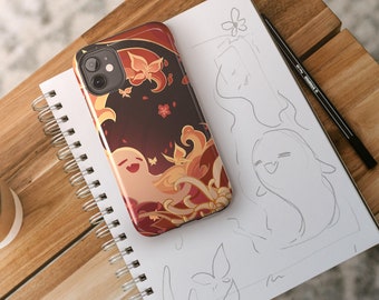 May include: A phone case with a colorful design featuring a cartoon ghost with a floral background. The case has a camera cutout and a black background.