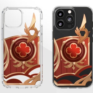 May include: A clear phone case with a red and gold design featuring a stylized flower and a decorative pattern. The case is compatible with iPhone 14 Pro.
