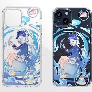 May include: A clear phone case with a blue and white design featuring a cartoon character with blue hair and a white hat. The character is sitting on a blue and white swirl. The case has a black background with a blue and white swirl design.
