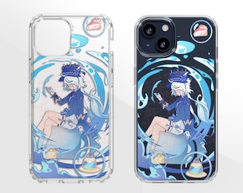 May include: A clear phone case with a blue and white design featuring a cartoon character with blue hair and a white hat. The character is sitting on a blue and white swirl. The case has a black background with a blue and white swirl design.