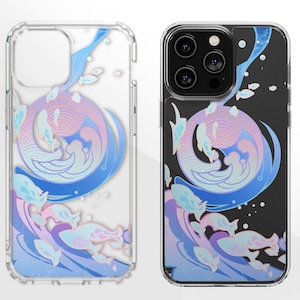 May include: A clear phone case with a colorful design of a wave and fish. The design is in shades of blue, pink, and purple. The case is compatible with an iPhone.