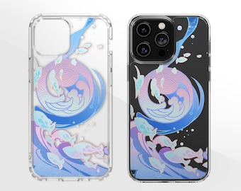 May include: A clear phone case with a colorful design of a wave and fish. The design is in shades of blue, pink, and purple. The case is compatible with an iPhone.
