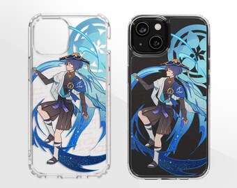 May include: Clear phone case featuring a vibrant illustration of a character with blue hair, a hat, and flowing blue accents. The design is set against a white background with script and a black background. The case is designed to fit a smartphone.