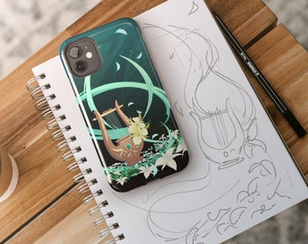 May include: A phone case with a green and white design featuring a lyre, flowers, and swirling lines.