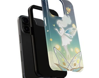 May include: A black phone case with a design of a fairy with wings and butterflies on a blue and green background.