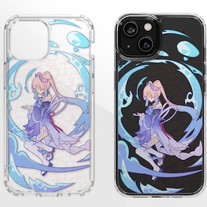 May include: A clear phone case with a design of a girl with pink hair in a blue and white dress surrounded by blue swirls. The case has a black background.
