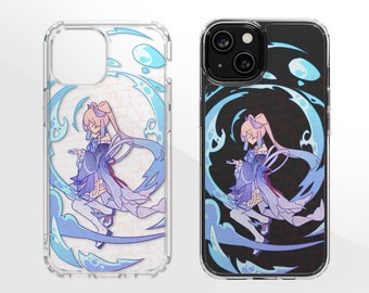 May include: A clear phone case with a design of a girl with pink hair in a blue and white dress surrounded by blue swirls. The case has a black background.