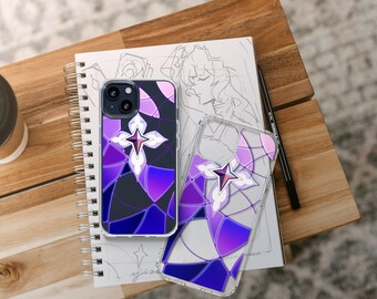Pode incluir: Duas capas transparentes para telemóvel com um design de vitral em tons de roxo e azul. O design apresenta uma estrela branca com um centro rosa.