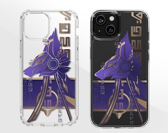 May include: Two phone cases, one clear and one black, each featuring a purple and gold Anubis design. The Anubis graphic is a stylized depiction of the jackal-headed god, with intricate details and geometric patterns. The cases are designed to fit a smartphone.