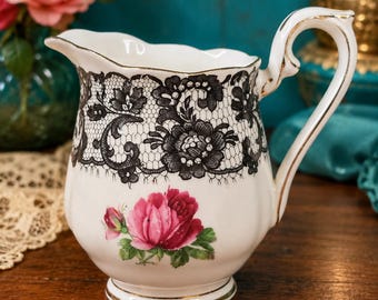 Vintage Royal Albert Señorita Mini Creamer, Black Lace Rose Bone China England