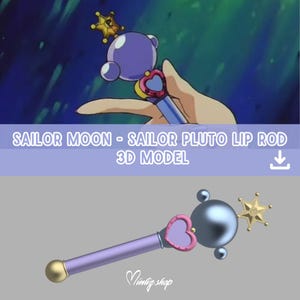 Puede incluir: Modelo 3D de la varita Sailor Pluto Lip Rod, un accesorio de la serie Sailor Moon. La varita presenta un mango morado, un detalle en forma de corazón rosa y un dije en forma de estrella dorada. La parte superior tiene una esfera plateada.