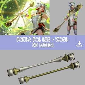 May include: A 3D model of a wand featuring a panda bear design. The wand is presented in gold and silver tones. The text "Panda Pal Lux - Wand 3D Model" is visible on a blue banner.