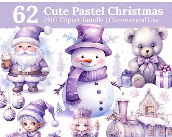Cute 'Tis the Season Watercolor Christmas clipart,  Pastel Christmas clipart commercial use | Pastel Purple Watercolor Christmas clipart