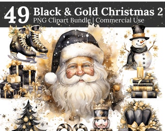 Black & Gold Tis the Season Watercolor Christmas clipart | Christmas clipart commercial use – Gift tag, Sublimations, Stickers