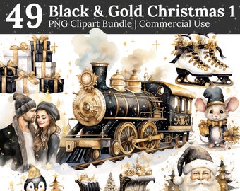 Black & Gold Tis the Season Watercolor Christmas clipart | Christmas clipart commercial use – Gift tag, Sublimations, Stickers