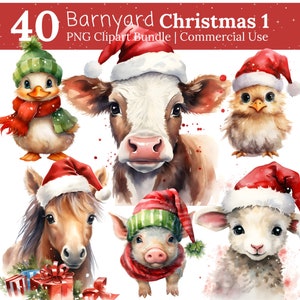 Imágenes prediseñadas de animales bebés de Navidad, imágenes prediseñadas de animales de Navidad de corral, imágenes prediseñadas de acuarela, regalo de Navidad, animales lindos, SVG PNG, uso comercial