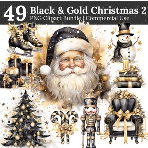 Black & Gold Tis the Season Watercolor Christmas clipart | Christmas clipart commercial use – Gift tag, Sublimations, Stickers