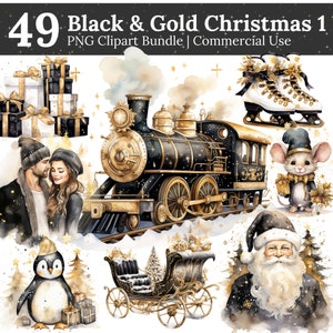 Zwart en goud is het seizoen aquarel kerst clipart | Commercieel gebruik van kerstclipart – cadeaulabel, sublimaties, stickers
