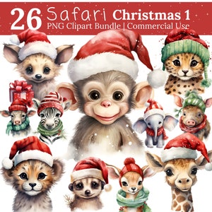 Clipart Noël bébé animaux, clipart animaux Safari Noël, clipart aquarelle, cadeau de Noël, animaux mignons, SVG, PNG, usage commercial