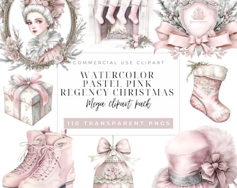 May include: A watercolor clipart pack featuring pastel pink Regency Christmas illustrations. The pack includes a variety of images, such as a fireplace with stockings, a gift box, a bell, a hat, ice skates, and a stocking. The images are perfect for creating festive crafts, cards, and decorations.