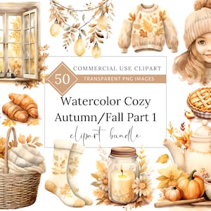 Puede incluir: Conjunto de imágenes prediseñadas de acuarela con elementos acogedores de otoño y otoño, que incluyen una ventana con follaje otoñal, una taza de café, croissants, una cesta con una manta, un par de calcetines, una vela en un frasco, una tetera, un pastel, una niña con un sombrero y un suéter con hojas de otoño.
