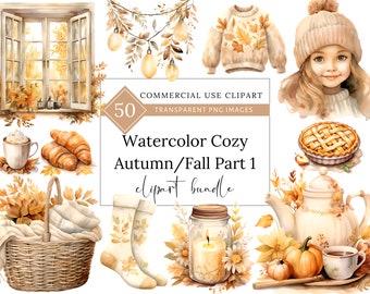 May include: Watercolor clipart bundle featuring cozy autumn and fall elements, including a window with fall foliage, a cup of coffee, croissants, a basket with a blanket, a pair of socks, a candle in a jar, a teapot, a pie, a girl with a hat, and a sweater with fall leaves.