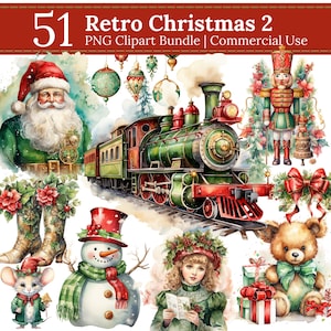 Watercolor Retro Christmas clipart, Festive Snowman PNG, Vintage Santa, SVG, Christmas Village images, Gift tags, Sublimations, Junk Journal