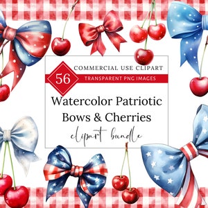 Puede incluir: Paquete de clipart de acuarela de 56 lazos y cerezas patrióticos. Los lazos son de color rojo, blanco y azul con lunares blancos. Las cerezas son rojas con tallos y hojas verdes. El clipart es perfecto para agregar un toque de Americana a tus manualidades y diseños.