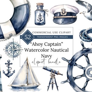 Aquarell Blau Nautische Sammlung Clipart, Sailor Grafiken, Vintage Strand, Marine Bachelorette PNG Bündel, Küsten SVG, Ozean kommerzielle Nutzung