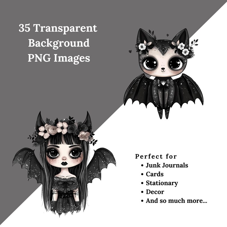 Watercolor Boho Goth Girl Clipart Bundle, Vampy Chibi clipart, Emo girl, Halloween Vampire PNG, Spooky Floral, Moody Boho SVG Commercial Use