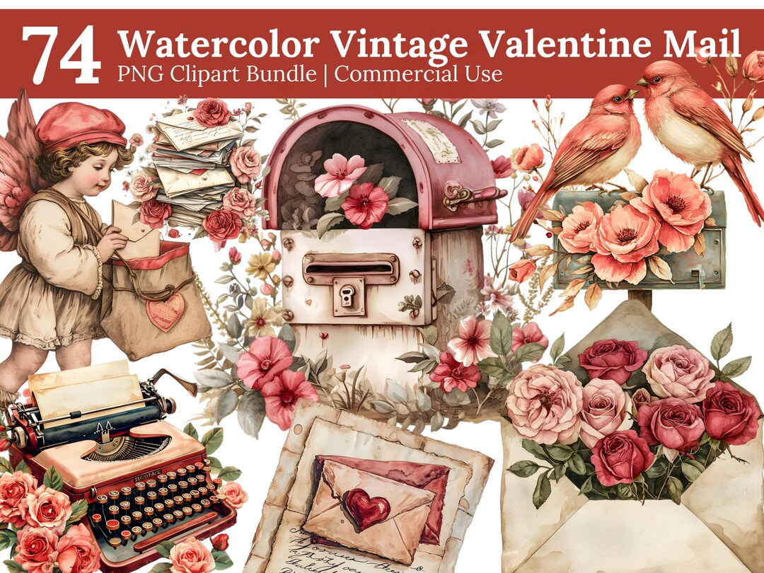 Watercolor Vintage Valentine Mail Clipart, Valentine Letter Png ...