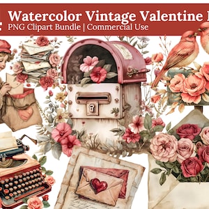 Clipart de correo de San Valentín vintage en acuarela, carta de San Valentín png, clipart de San Valentín, ilustración de amor vintage, sublimación de diario basura