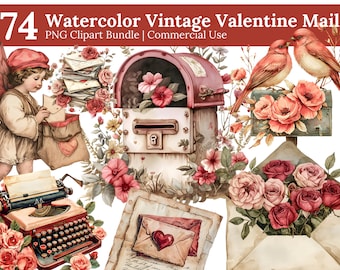 May include: A watercolor illustration set of vintage Valentine's Day mail elements. The set includes a mailbox, a typewriter, an envelope with flowers, a little angel with a letter, and two birds. The illustrations are in shades of pink, red, green, and brown.
