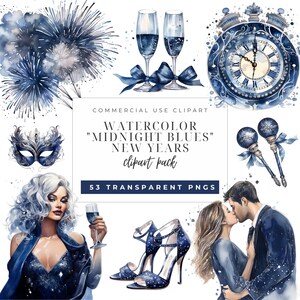 Clipart de Año Nuevo en acuarela, Clipart de Feliz Año Nuevo, Celebración azul y plateada, Año Nuevo 2025, sublimaciones, SVG, PNG, invitación de mascarada