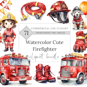 Pacote bonito de clipart de caminhão de bombeiros em aquarela, png do corpo de bombeiros, bombeiro svg, gráfico de motor de bombeiros, convite de aniversário de caminhão de bombeiros, festa infantil