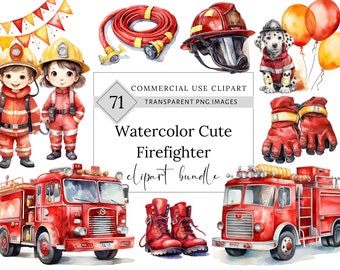 Cute Watercolor Firetruck clipart bundle, fire department png, Fireman svg, Fire engine graphic, firetruck birthday invitation, Kids party