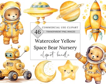 Watercolor Yellow Space Bear Clipart Bundle, Astronaut Nursery Clipart, Teddy Bear Clipart, Rocket Clipart, Star and Moon PNG, nursery decor