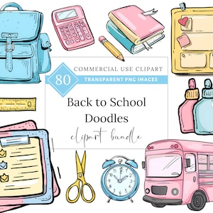 Aquarelle pastel école Doodle Clipart, graphiques pour la rentrée des classes, primaire, ensemble PNG enseignant, préscolaire SVG, autobus scolaire, usage commercial