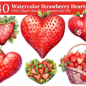Pacote de clipart de coração de morangos em aquarela, ilustração de morango dos namorados, coração de morango png, clipart de Junk Journal, uso comercial